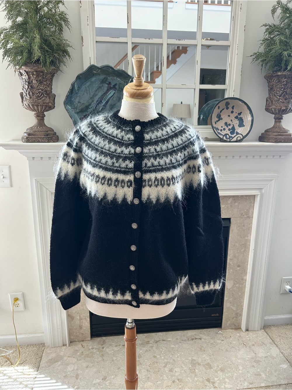 Hand knit In Norway Nordic Yoke Black & White Button-Front Cardigan